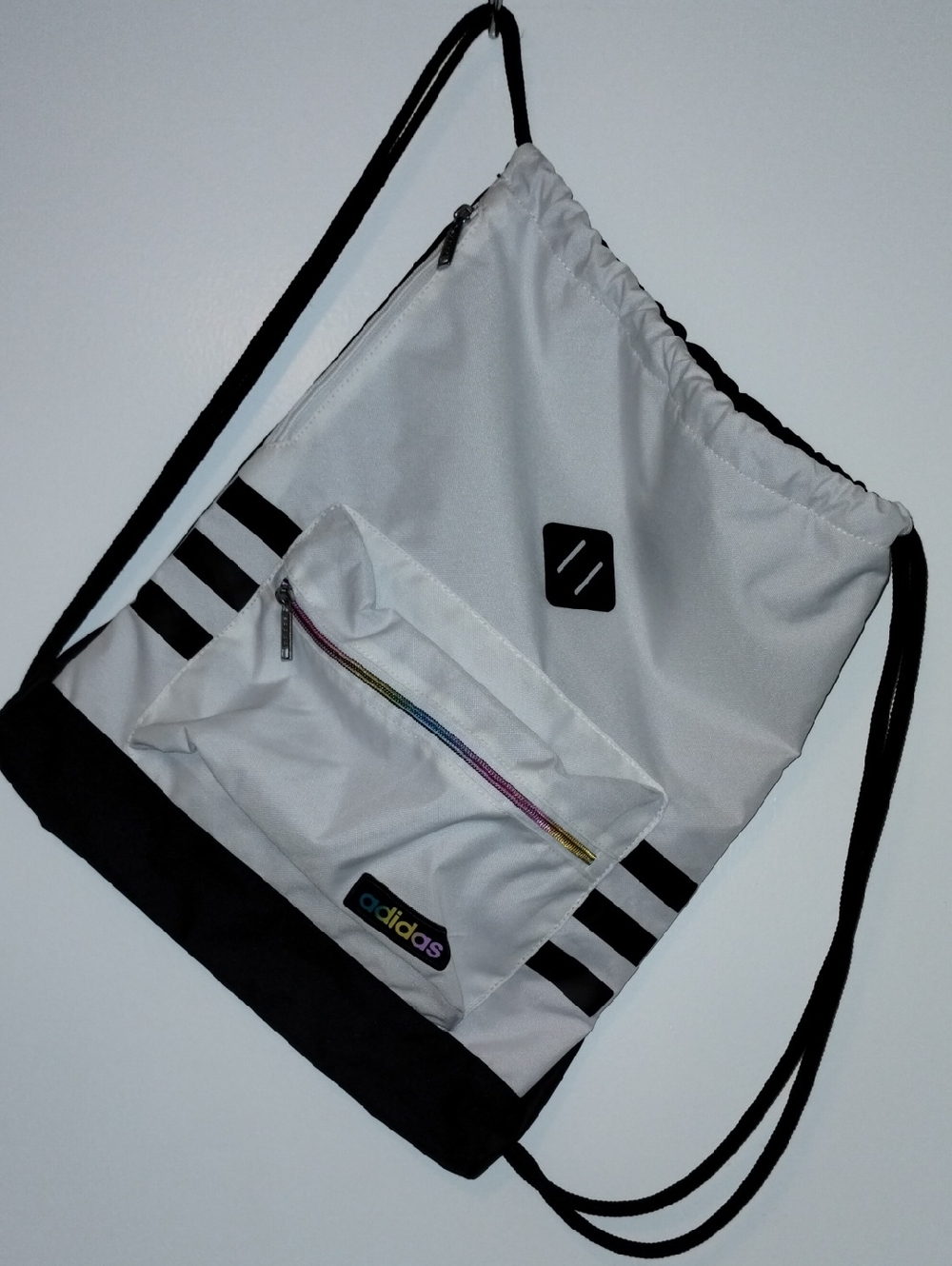 adidas White Drawstring Gym Bag with Black Accents and Rainbow Zip